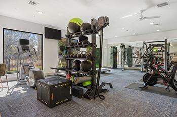 A gym with weights and cardio equipment and a large window
